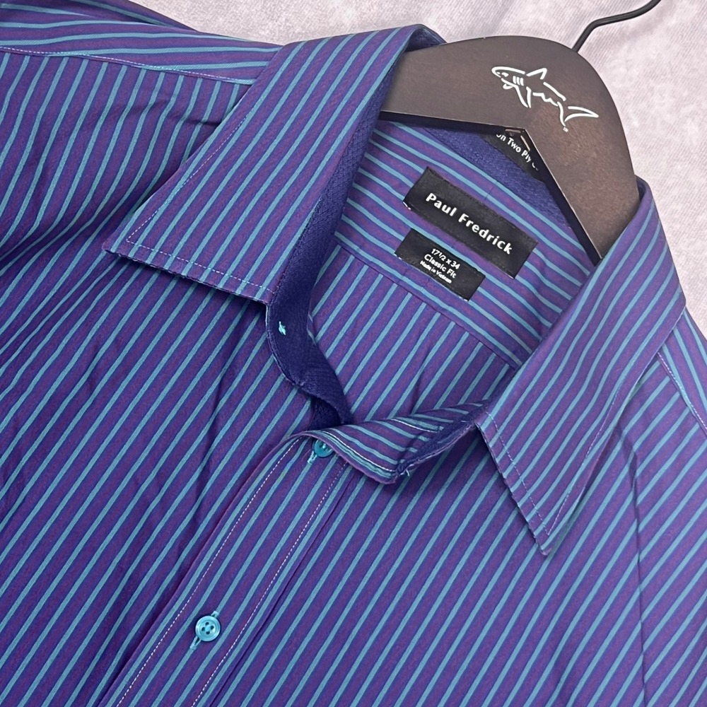 Paul Fredrick Dress Shirt Mens 17.5 x 34 Purple Teal Stripe Excellent Non-Iron